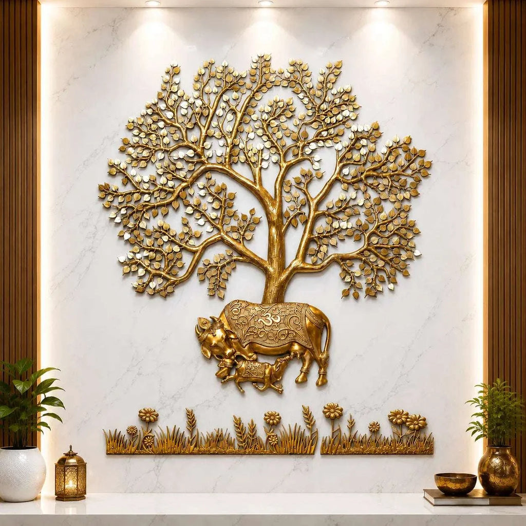 Brass Cow & Calf With Kalpvriksha Tree Wall Hanging (80 Inch) Vedansh Craft