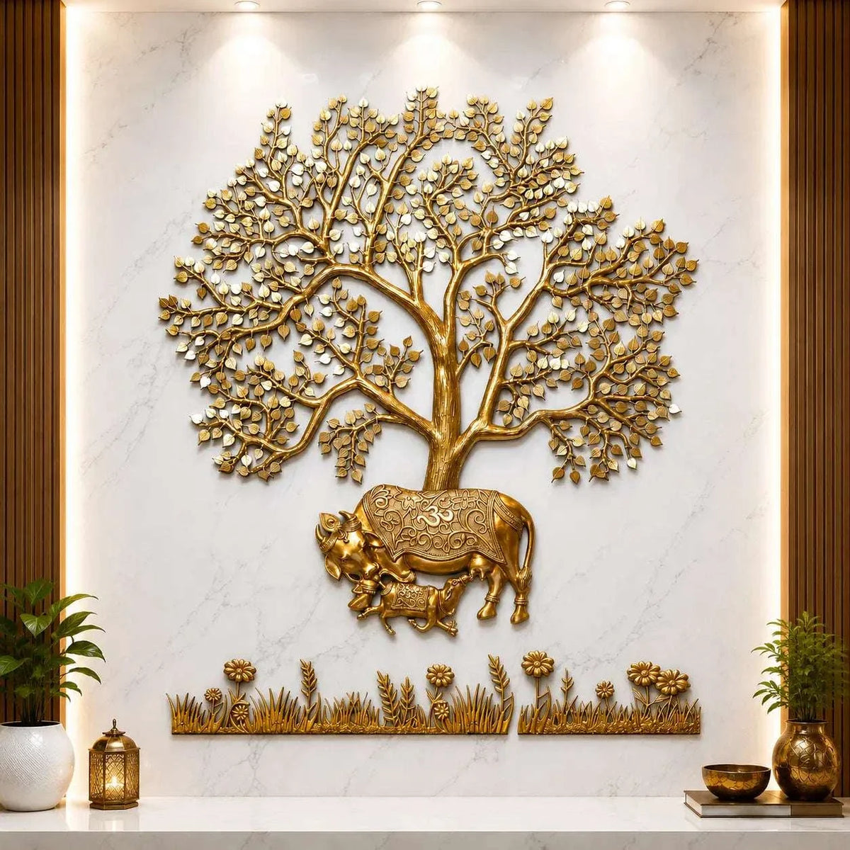 Brass Cow & Calf With Kalpvriksha Tree Wall Hanging (80 Inch) Vedansh Craft