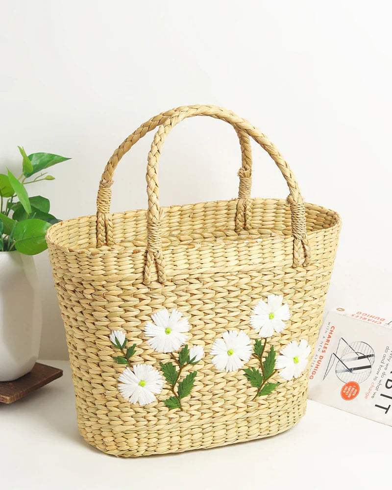 Handmade Seagrass Embroidery Handbag for Shopping, Storage & Everyday Use
