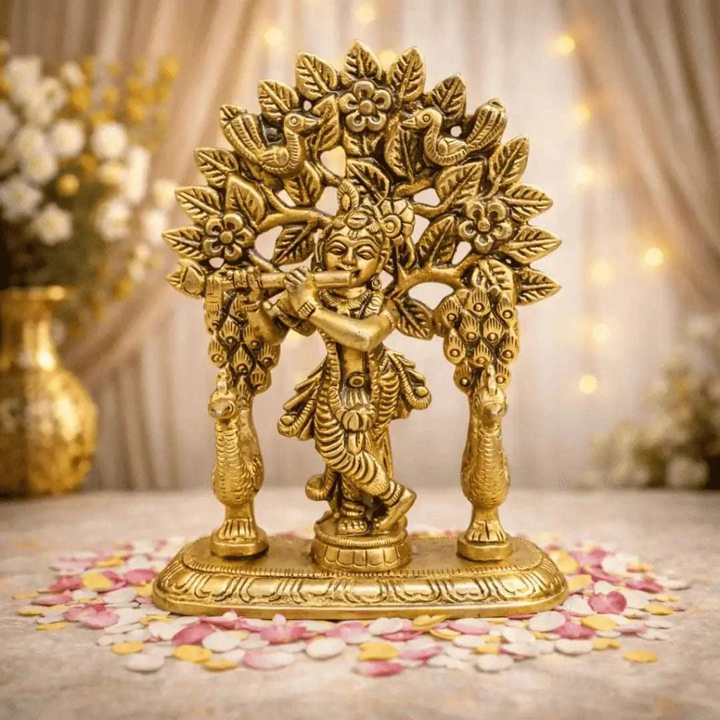 Brass Lord Krishna Standing Statue With Tree And Peacock (5 Inch) Vedansh Craft