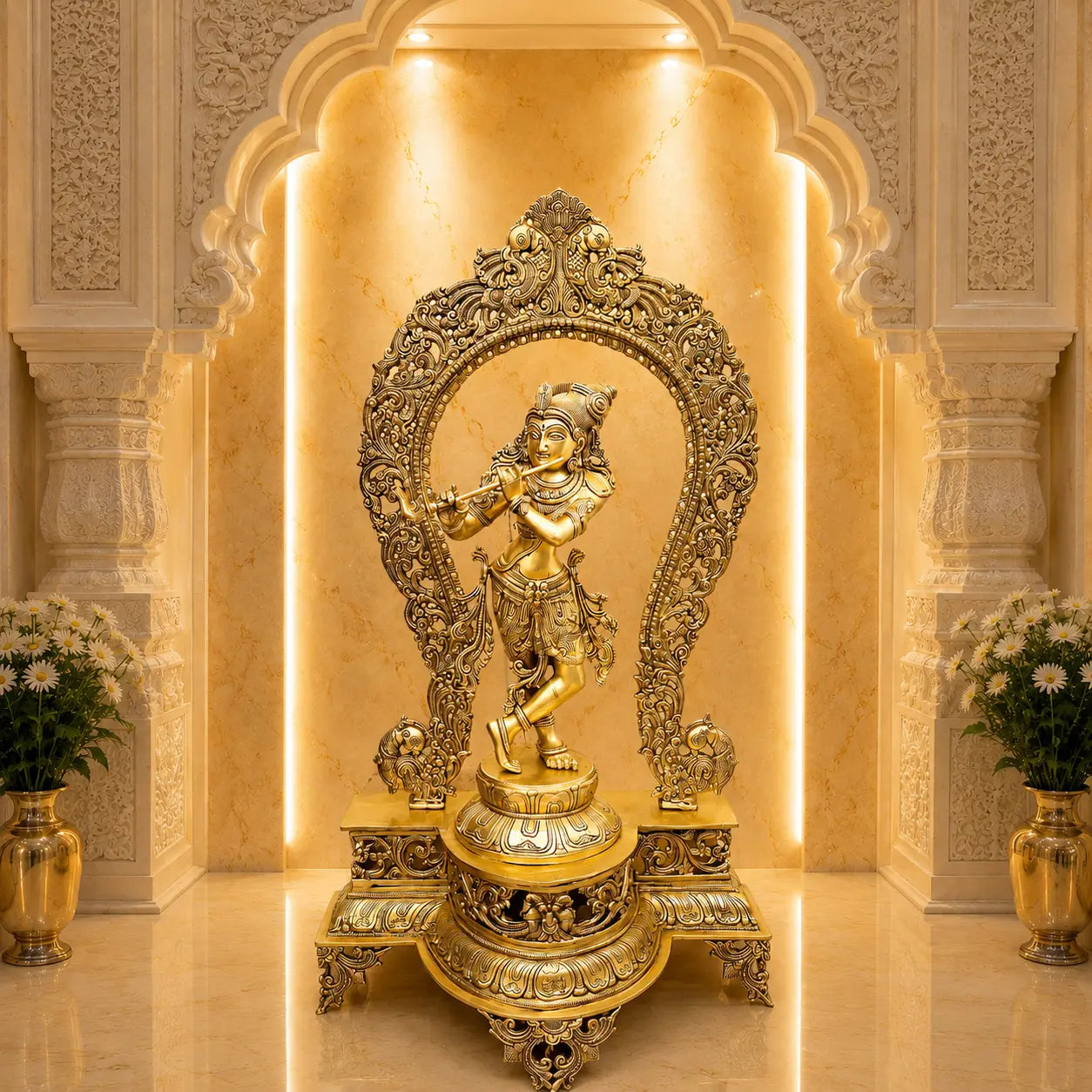 Brass Standing Krishna Idol On Throne / Singhasan (31 Inch) Vedansh Craft