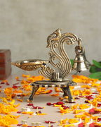 Traditional Brass Aarti Diya with Parrot Design with Hanging Bell