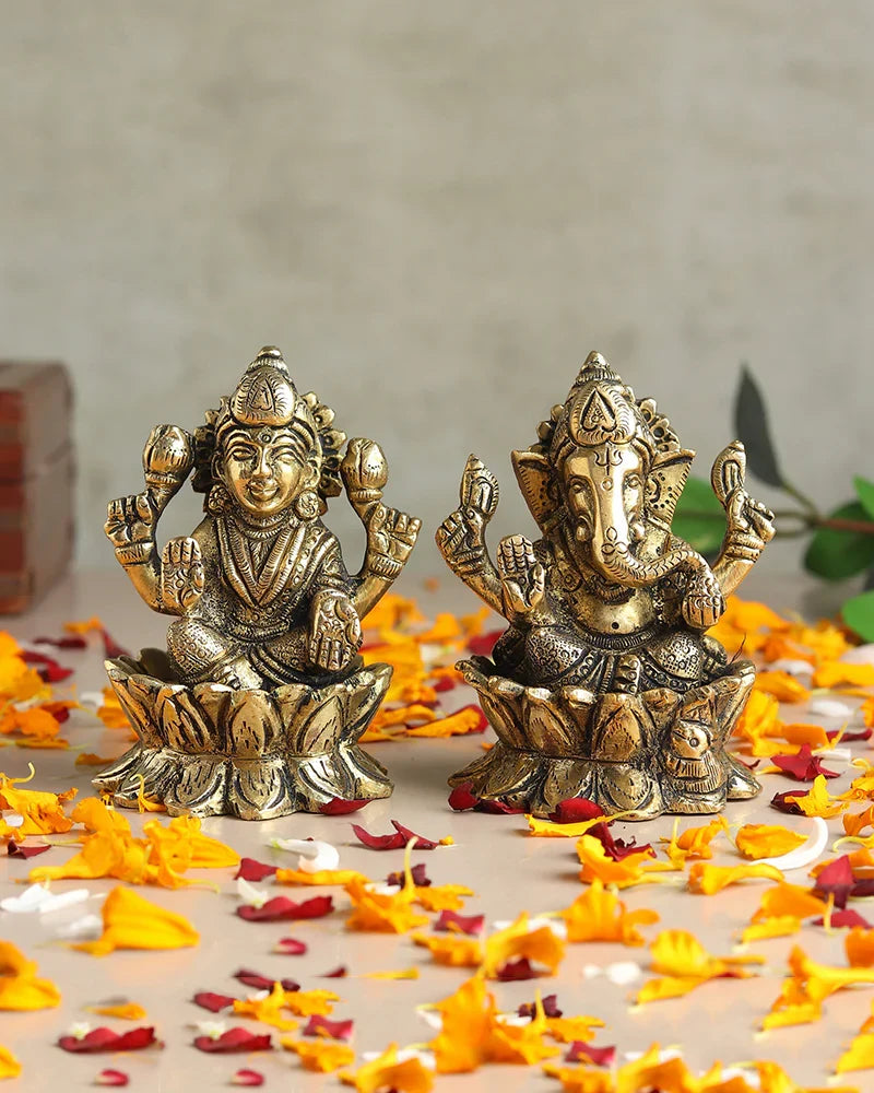 Pure Brass Laxmi Ganesh Idol Set for Home Temple and Decoration