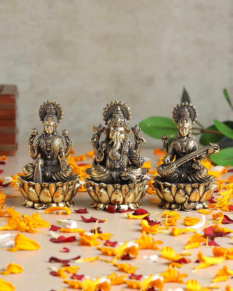 Pure Brass Laxmi Ganesh Sarasvati Idol Spiritual Showpiece