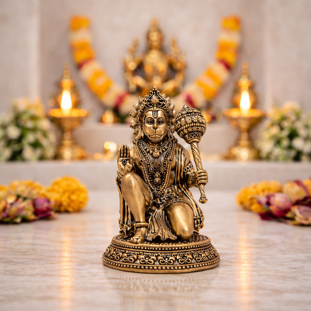 Brass Lightweight Sitting Blessing Hanuman Idol With Base (4 Inch) Vedansh Craft
