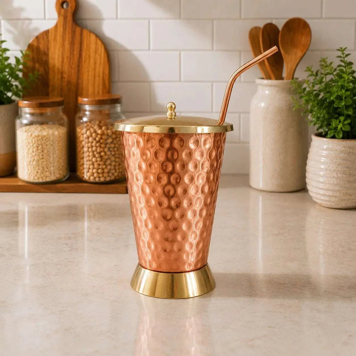 Copper Hammered Glass / Tumbler With Lid And Straw (6 Inch) Vedansh Craft