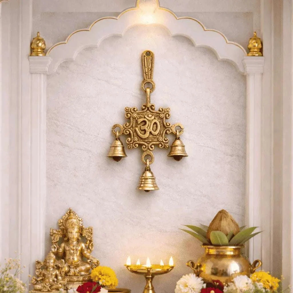 Brass Om Wall Hanging With Bell (7 Inch) Vedansh Craft
