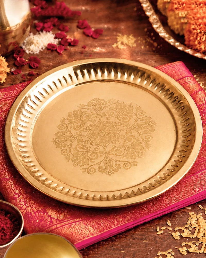 Engraved Brass Pooja Thali (Gold)