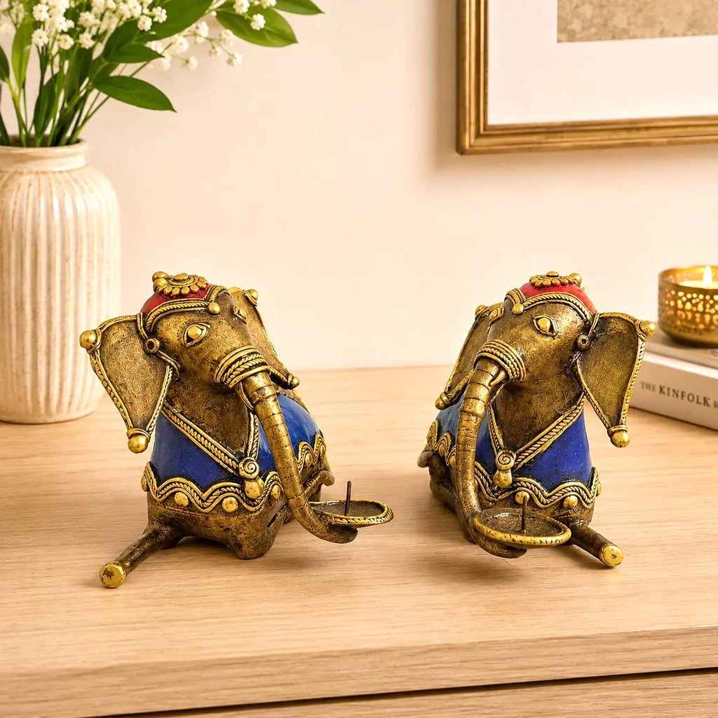 Brass Dhokra Sitting Elephant Statue Set With Candle Holder (5 Inch) Vedansh Craft