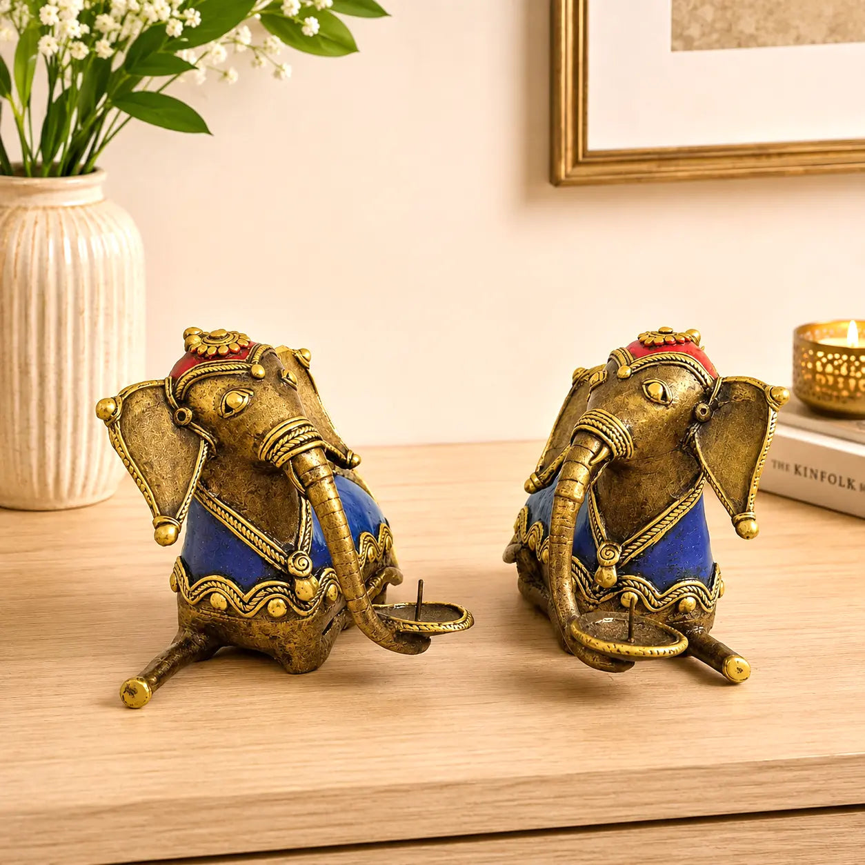 Brass Dhokra Sitting Elephant Statue Set With Candle Holder (5 Inch) Vedansh Craft