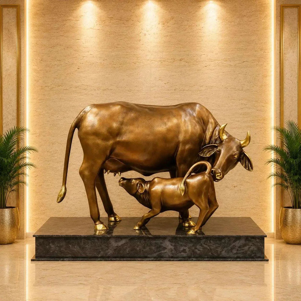 Brass Majestic Kamdhenu Cow with Calf Idol on Granite Base (33 Inch) Vedansh Craft