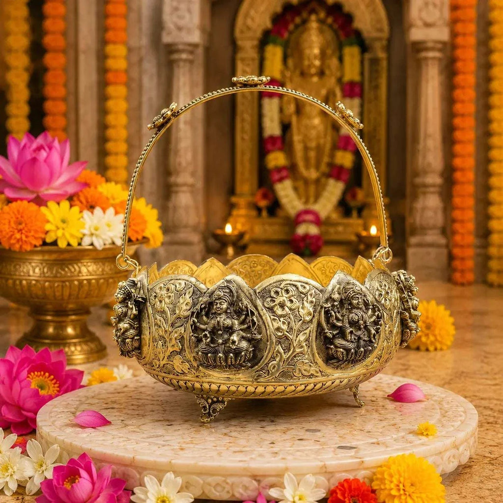 Brass Ashtalakshmi Basket With Handle And Leg (3.5 Inch) Vedansh Craft