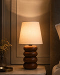 Handcrafted Wooden Table Lamp Textured Linen Shade Warm Light