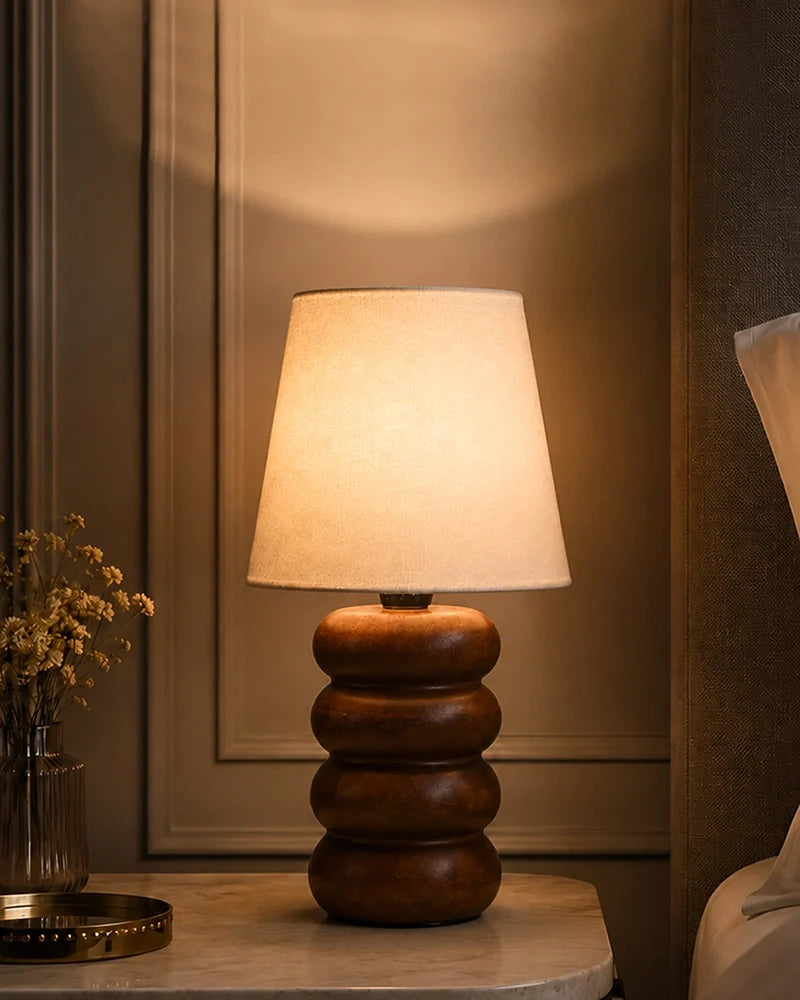 Handcrafted Wooden Table Lamp Textured Linen Shade Warm Light