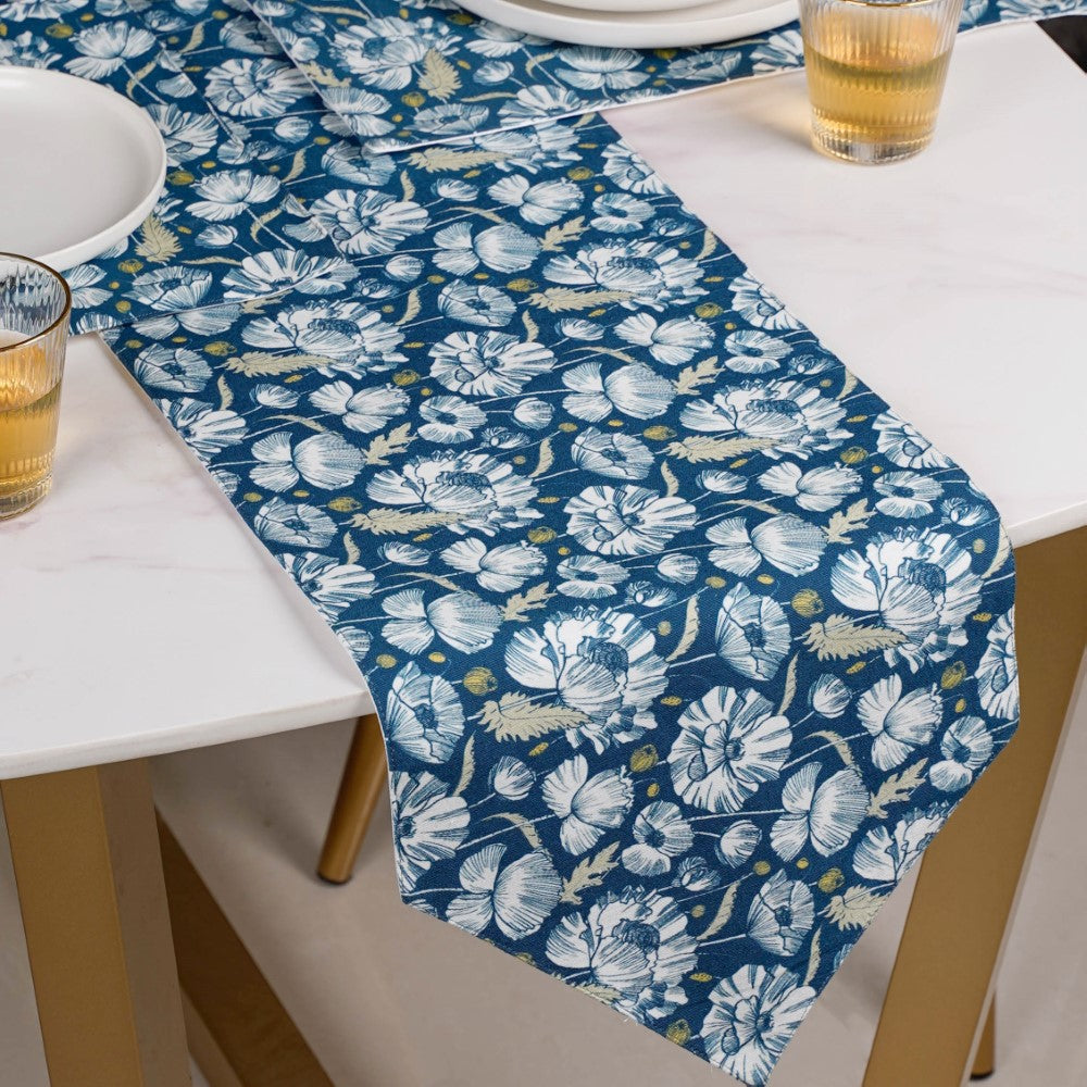 Floral Dining Cotton Printed Table Runner Royal Blue For 6 Seater Nestasia