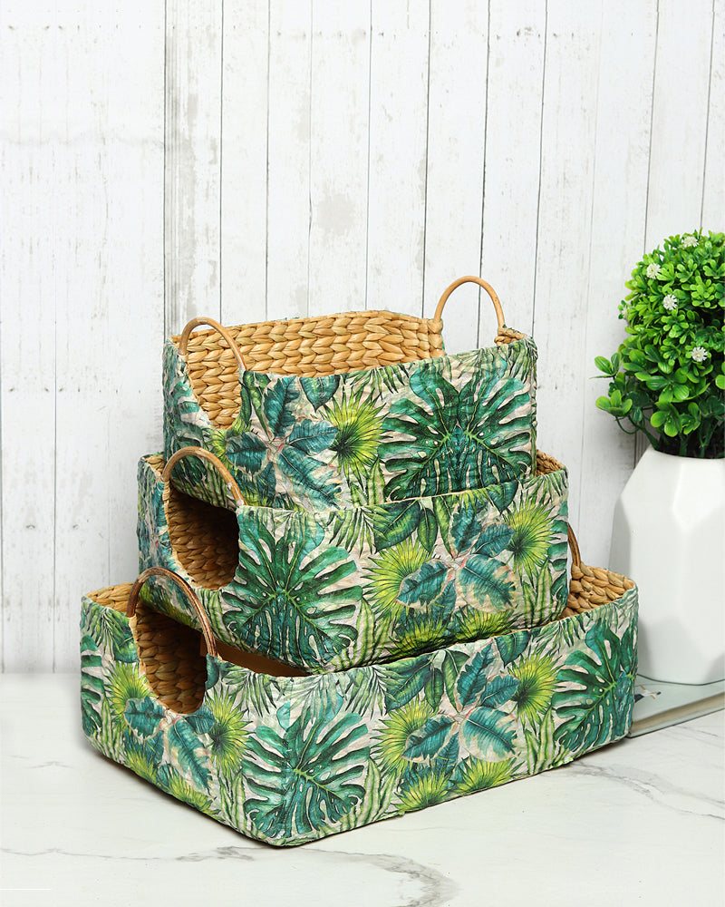 Handmade Seagrass Cane Handle Trays Set of 3 for Serving, Storage, and Decorative Display