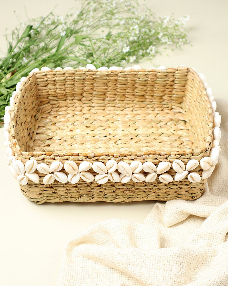 Handwoven Seagrass Shells Organizer Basket for Elegant Home and Tabletop Decor