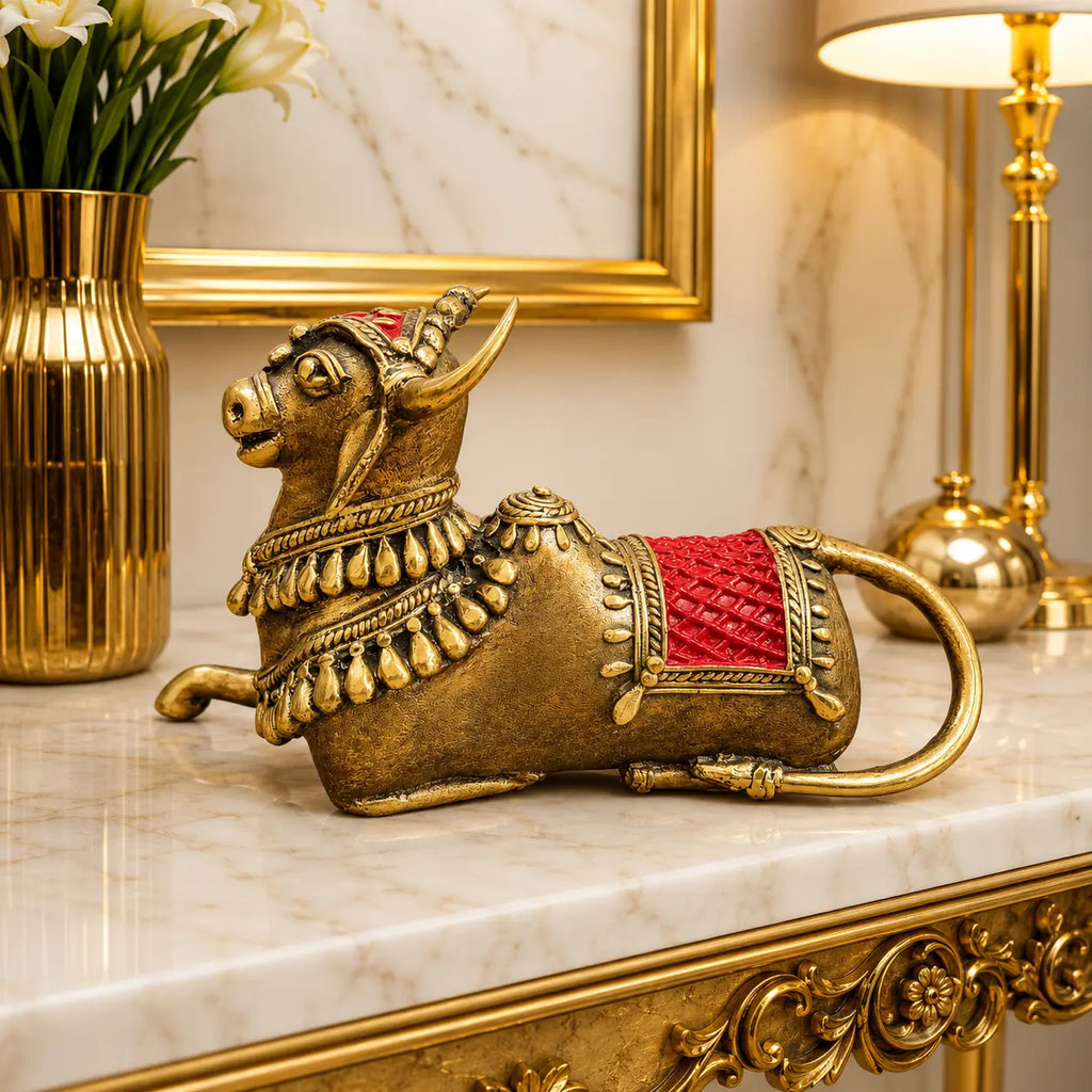 Brass Handcrafted Dhokra Sitting Nandi Idol (4.5 Inch) Vedansh Craft