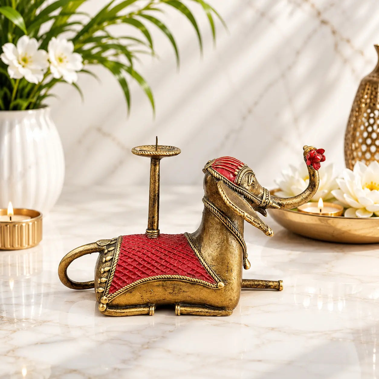 Brass Dhokra Sitting Elephant Statue With Candle Holder (5 Inch) Vedansh Craft