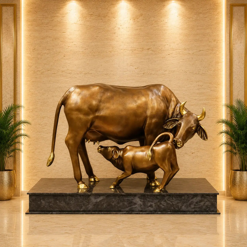 Brass Majestic Kamdhenu Cow with Calf Idol on Granite Base (33 Inch) Vedansh Craft