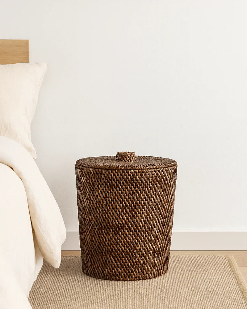 Rattan Dustbin Basket with Lid for Home and Bathroom