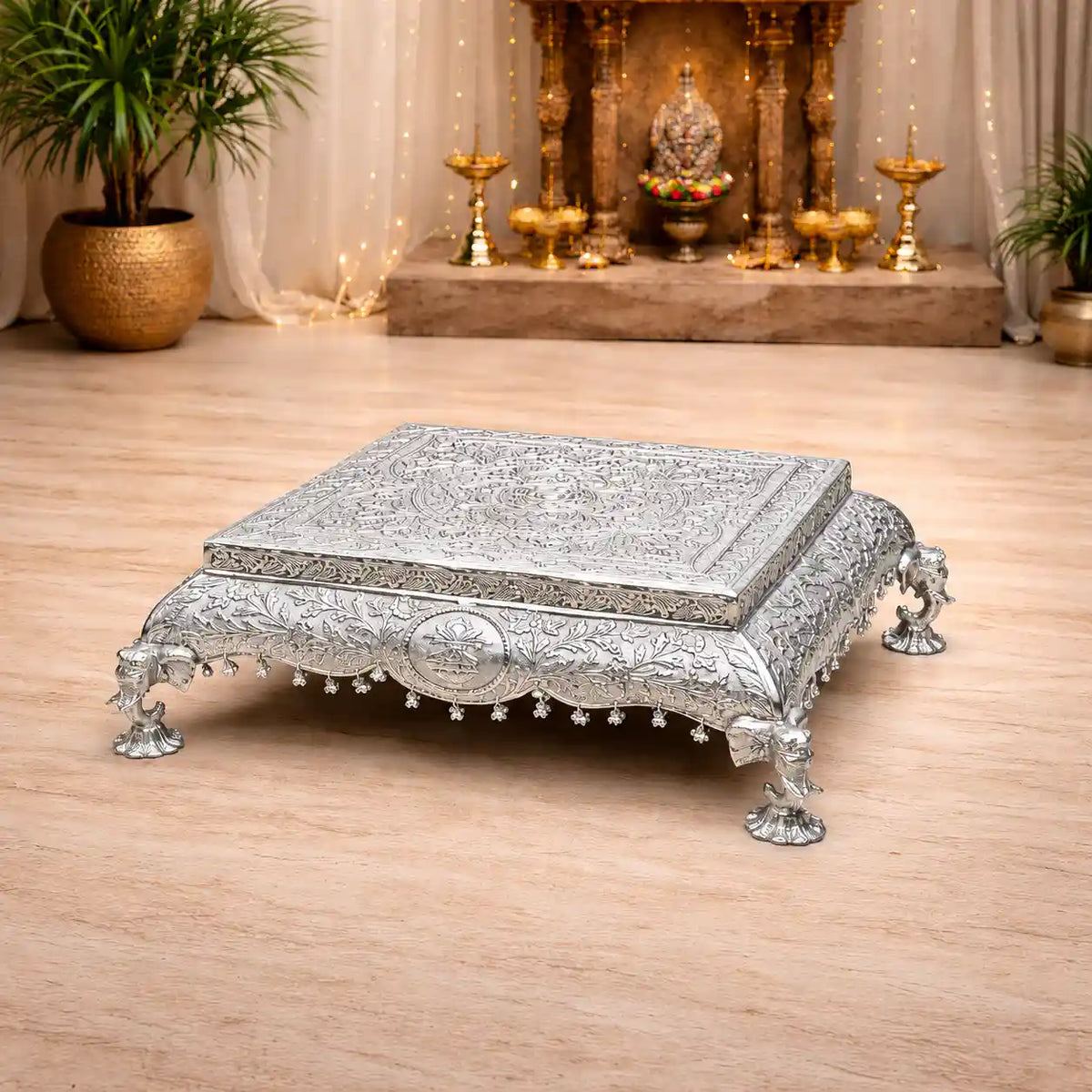 German Silver Handcrafted Chowki with Elephant Leg (7 Inch) Vedansh Craft