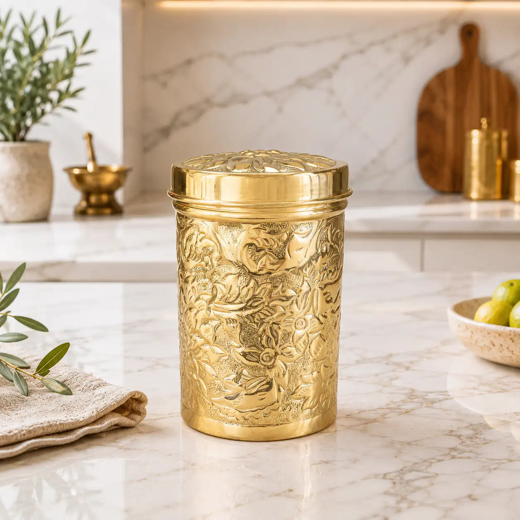 Brass Flower Design Container / Storage Box With Lid Vedansh Craft