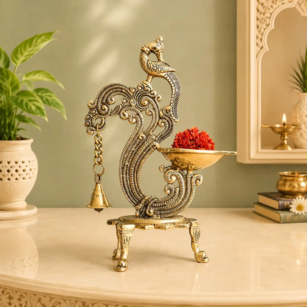 Brass Ethnic Peacock Diya Lamp With Hanging bell Vedansh Craft
