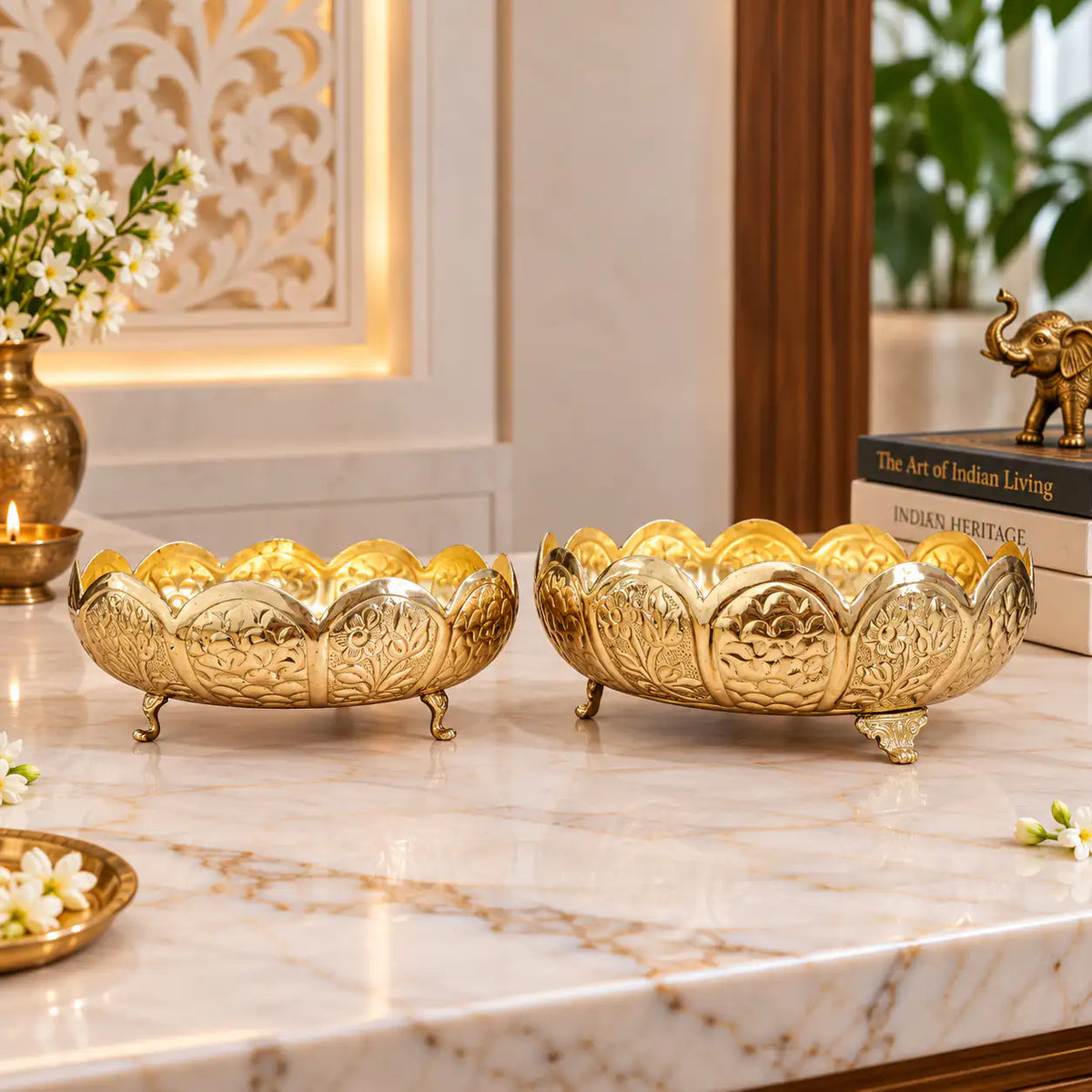 Brass Louts Urli Bowl Set With Legs (Pack of 2) Vedansh Craft