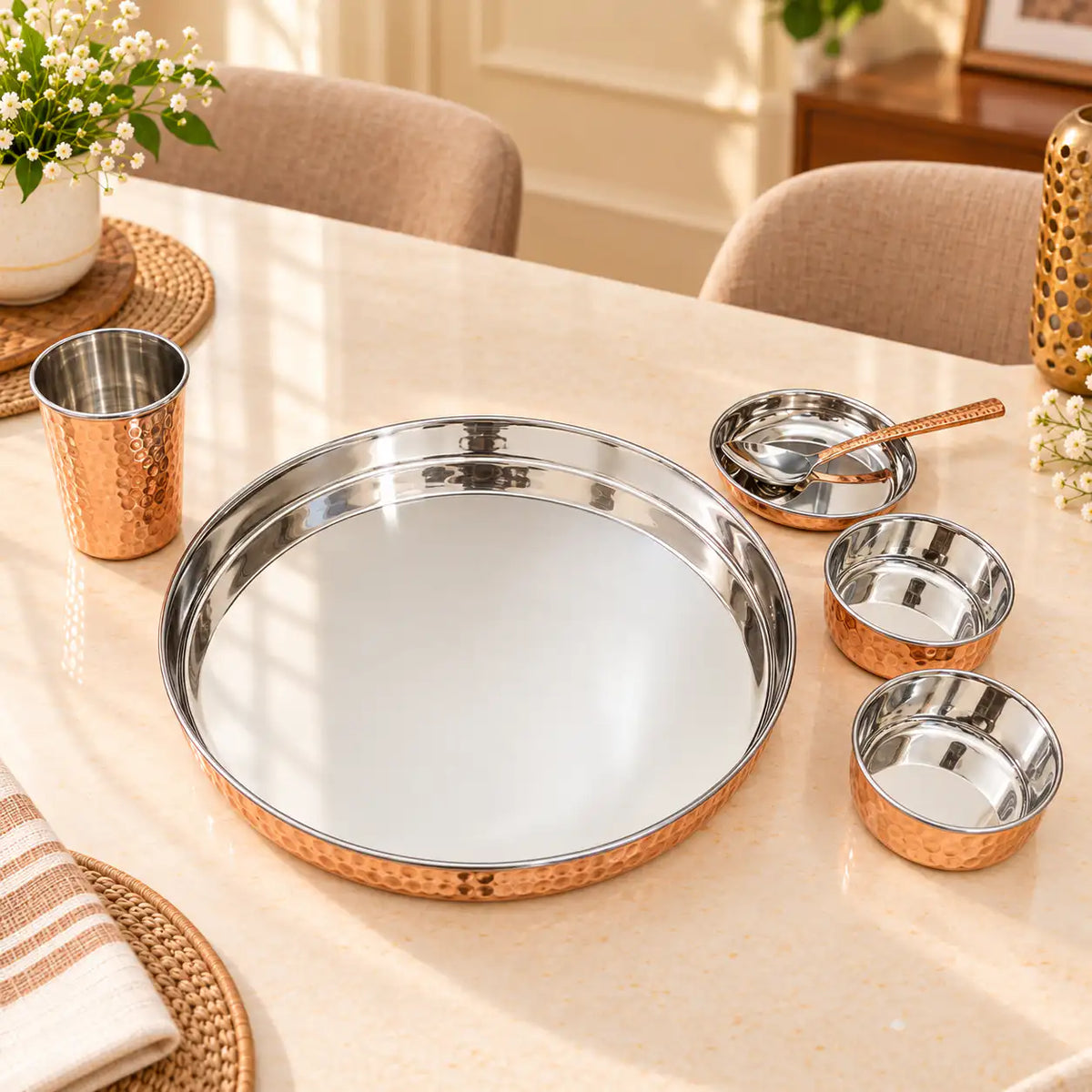 Copper/Brass Hammered Thali/Dinner Set Vedansh Craft