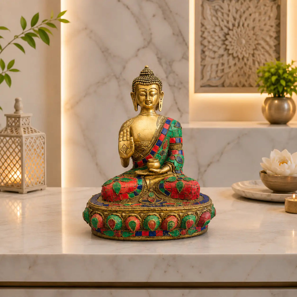 Brass Stone Work Blessing Sitting Buddha Statue Vedansh Craft