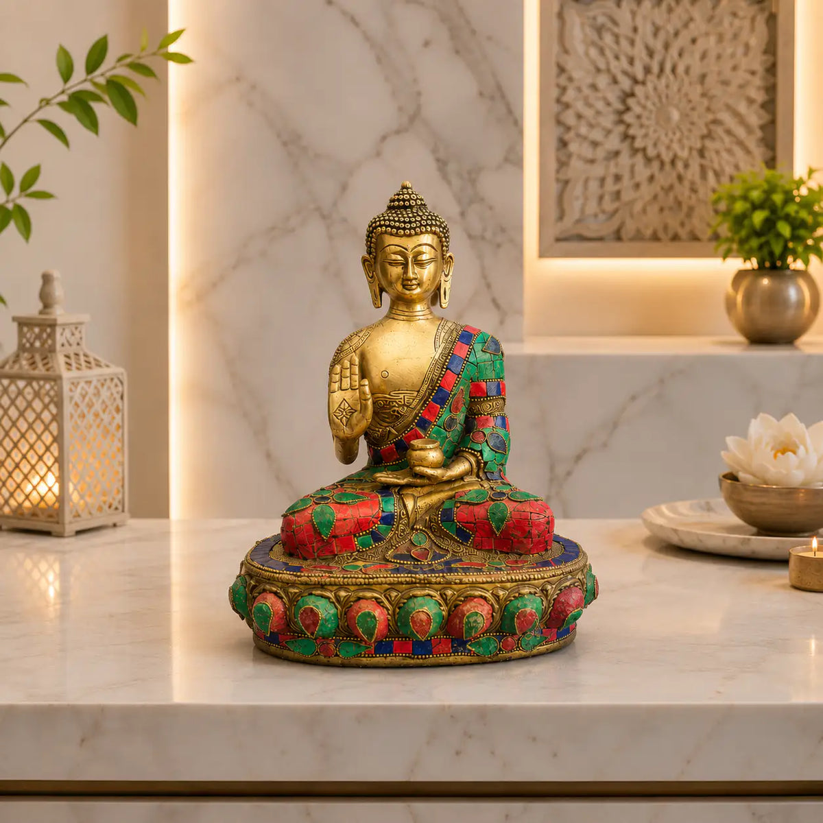 Brass Stone Work Blessing Sitting Buddha Statue Vedansh Craft