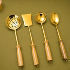 Brass Kitchen Ladles With Wooden Handle Set (14.5 Inch) Vedansh Craft