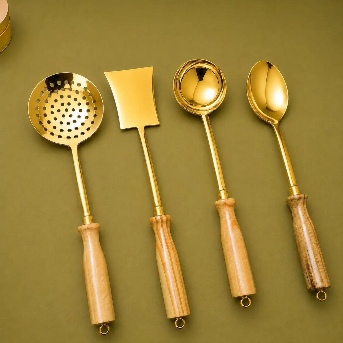 Brass Kitchen Ladles With Wooden Handle Set (14.5 Inch) Vedansh Craft