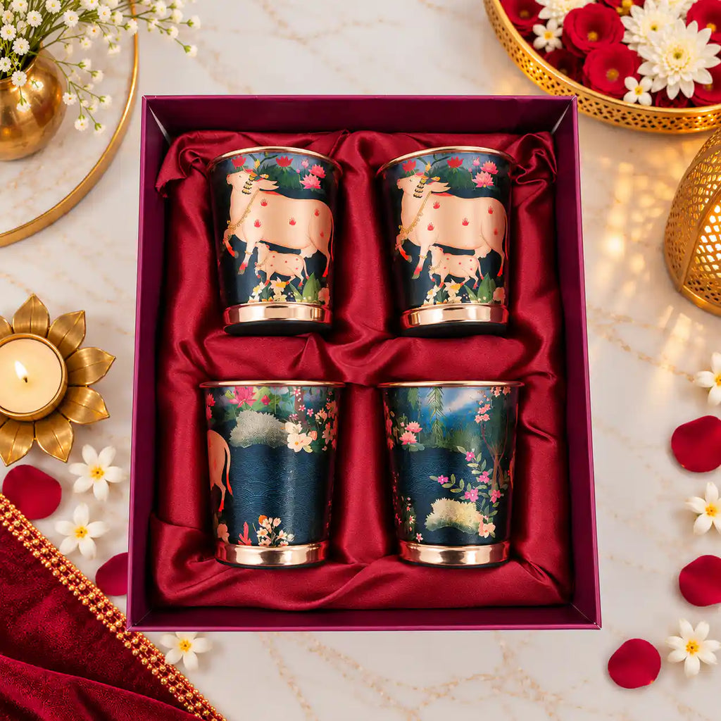 Copper Kalakriti Print Glass Set of Four With Gift Box/Hamper (3.5 Inch) Vedansh Craft