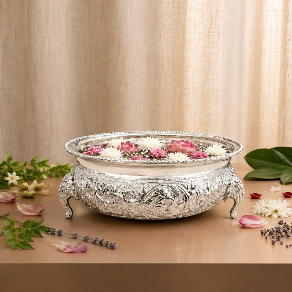 Brass Silver Plated Urli Bowl with Elephant Legs (3.2 Inch) Vedansh Craft