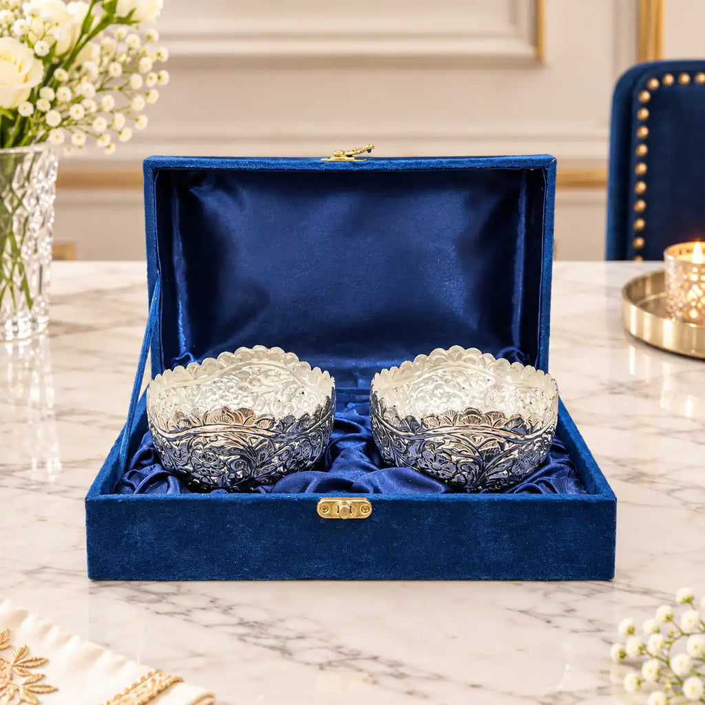 Brass Silver Plated Noka Bowl Set With Velvet Box (3 inch) Vedansh Craft