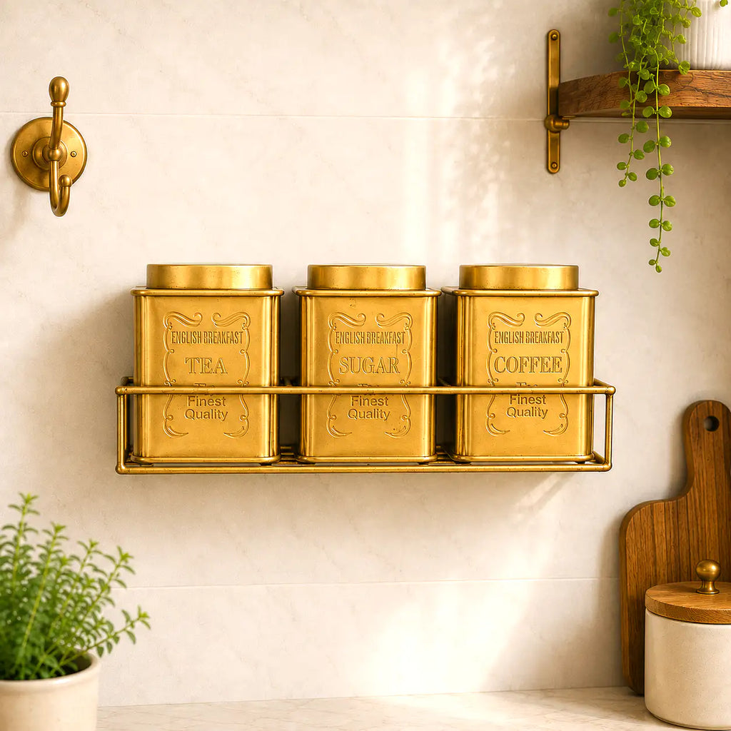 Brass Square Storage Jars / Canister Set With Wall Hanging Stand (Set of 3) Vedansh Craft
