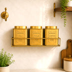 Brass Square Storage Jars / Canister Set With Wall Hanging Stand (Set of 3) Vedansh Craft
