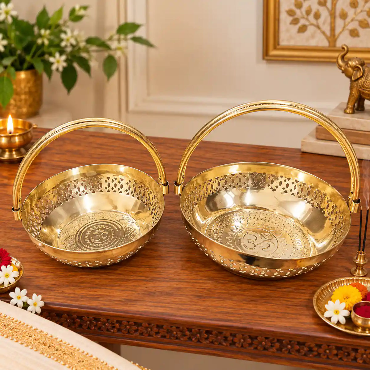 Brass Pooja Basket With Handle Set of 2 Vedansh Craft