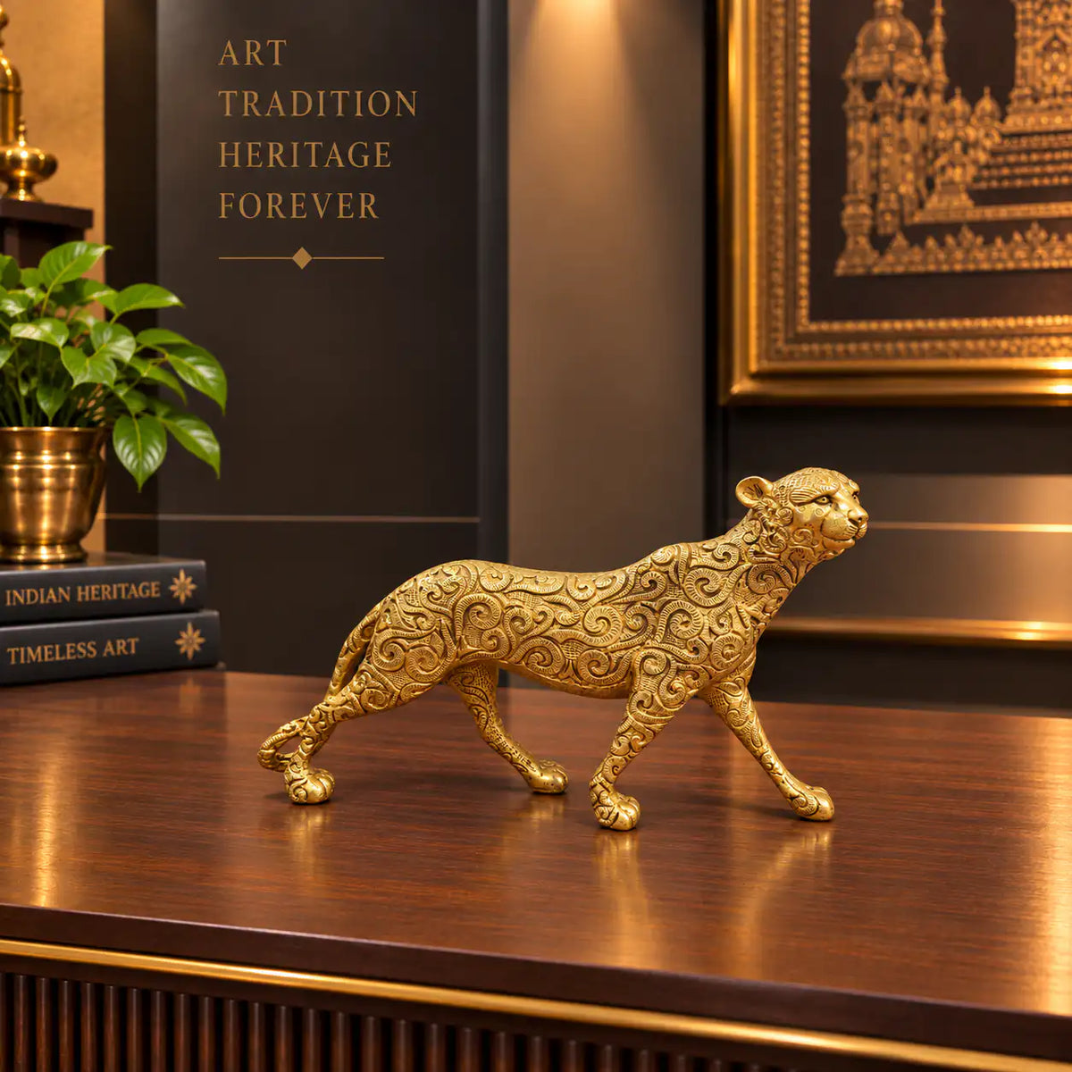 Brass Leopard / Tiger Statue (8.5 Inch) Vedansh Craft