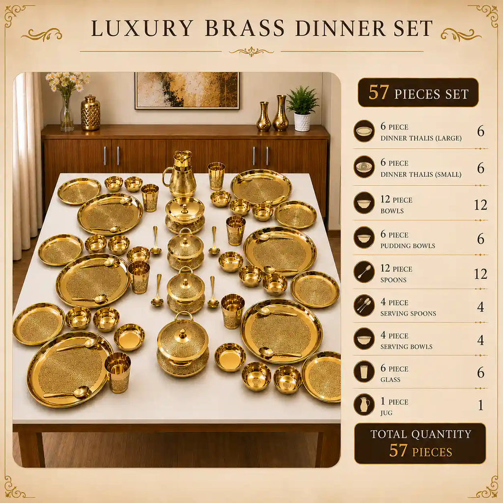 Brass Luxury/Premium Dinner Serving 57-Piece Set Vedansh Craft