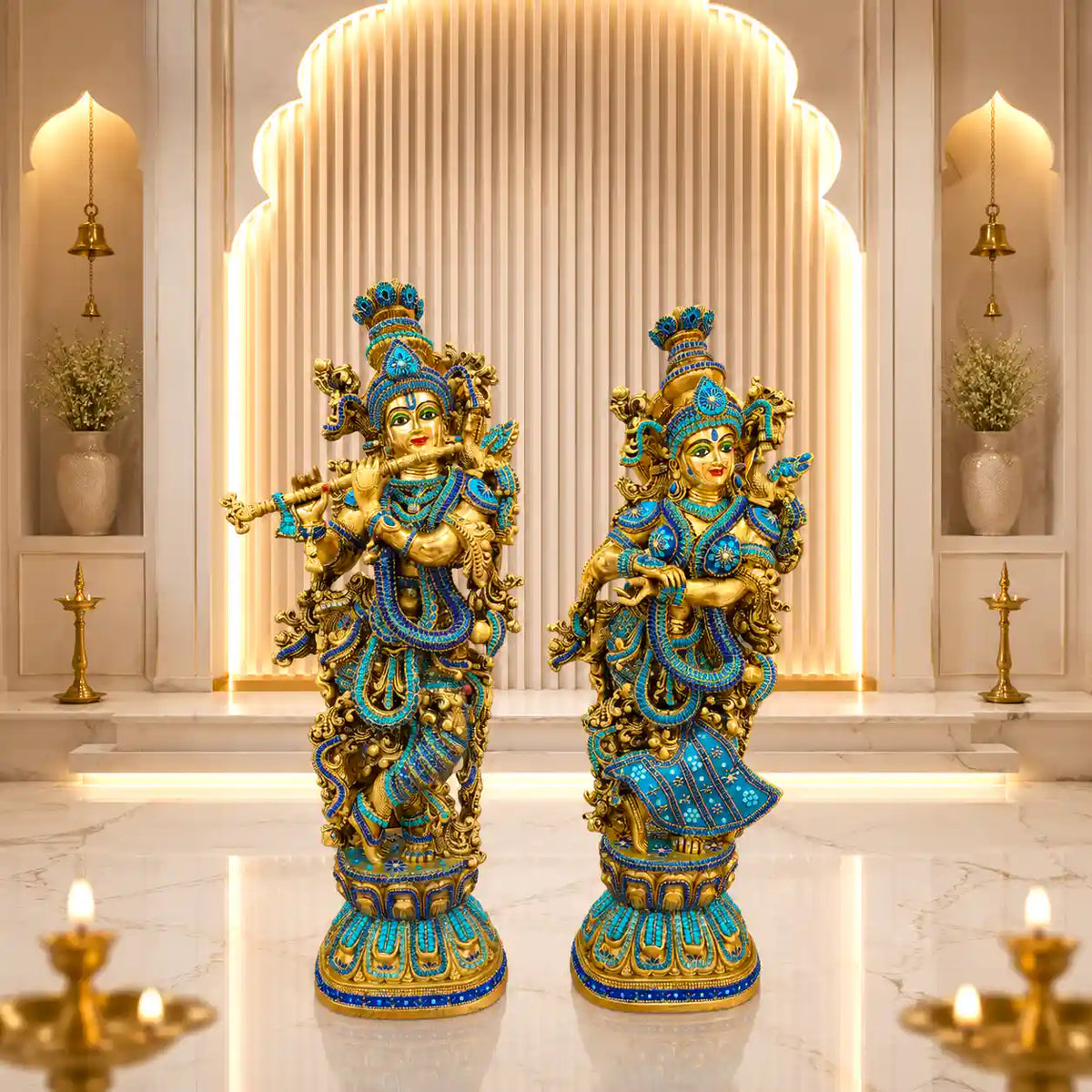 Brass Stone Work Standing Radha Krishna Statue Set (30 Inch) Vedansh Craft