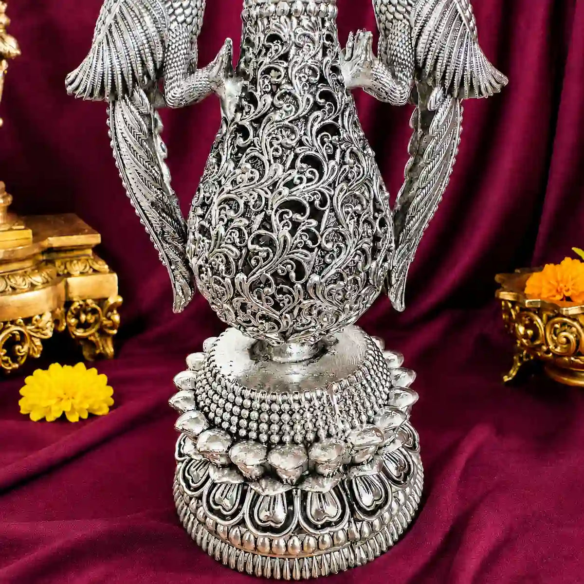 Brass Silver Plated Lightweight Peacock Samai/Lamp Pair Vedansh Craft