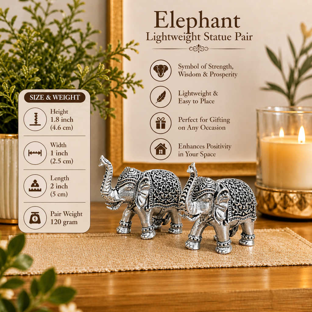 Brass Silver Plated Lightweight Elephant Lightweight Statue Pair (1.8 Inch) Vedansh Craft