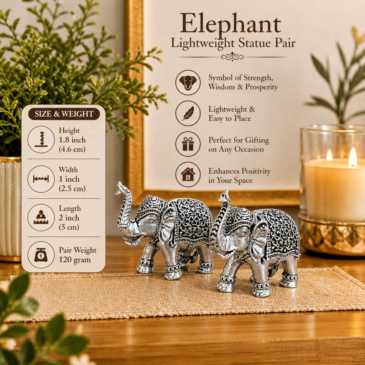 Brass Silver Plated Lightweight Elephant Lightweight Statue Pair (1.8 Inch) Vedansh Craft