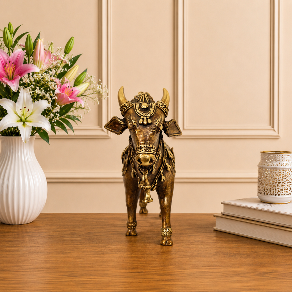 Brass Dhokra Standing Nandi Idol (7 Inch) Vedansh Craft