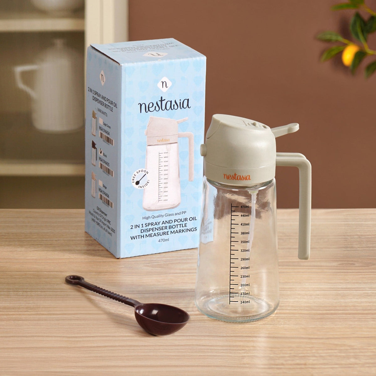 Spray And Pour Oil Dispenser Bottle Beige 470ml With Spoon Nestasia