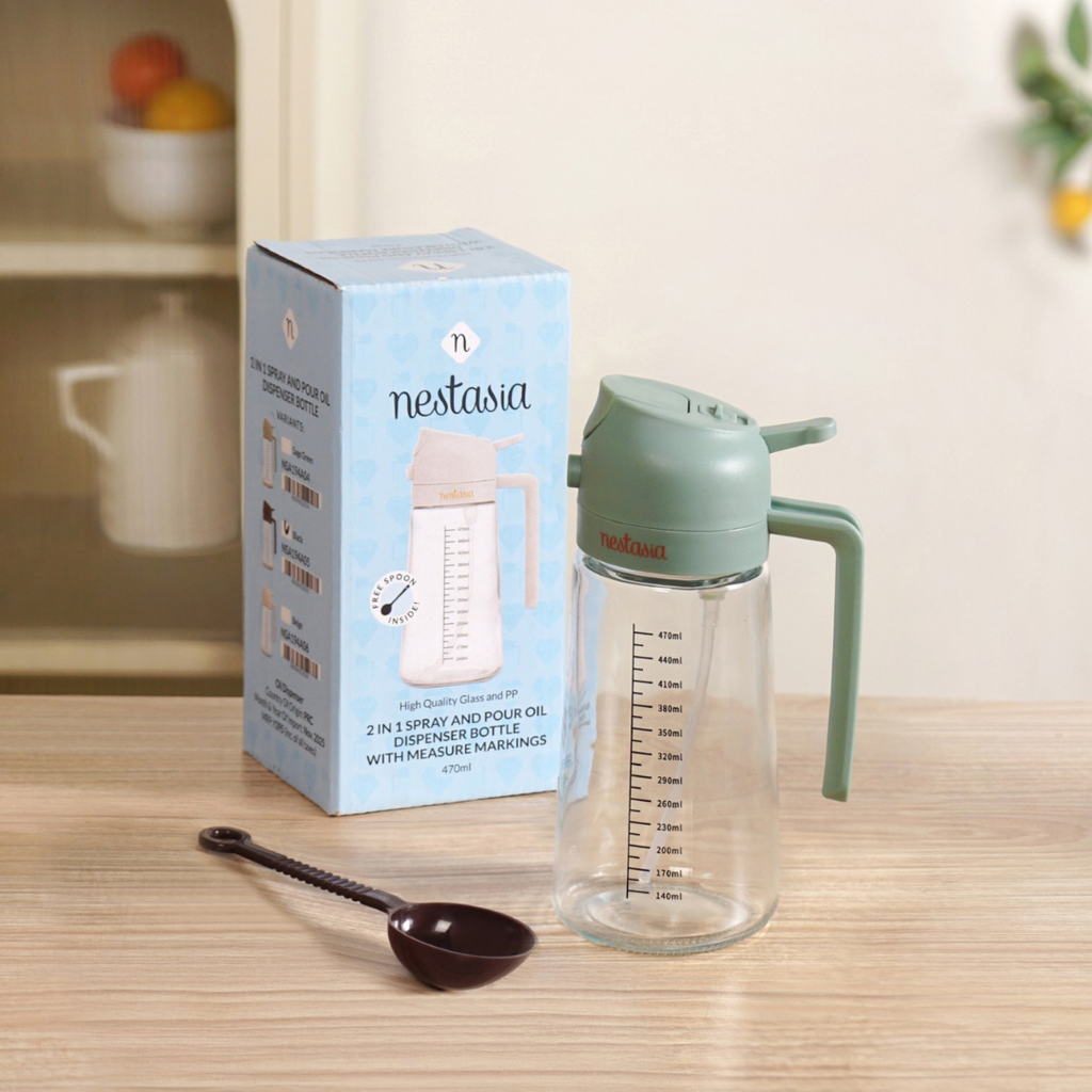 Spray And Pour Oil Dispenser Bottle Green 470ml With Spoon Nestasia