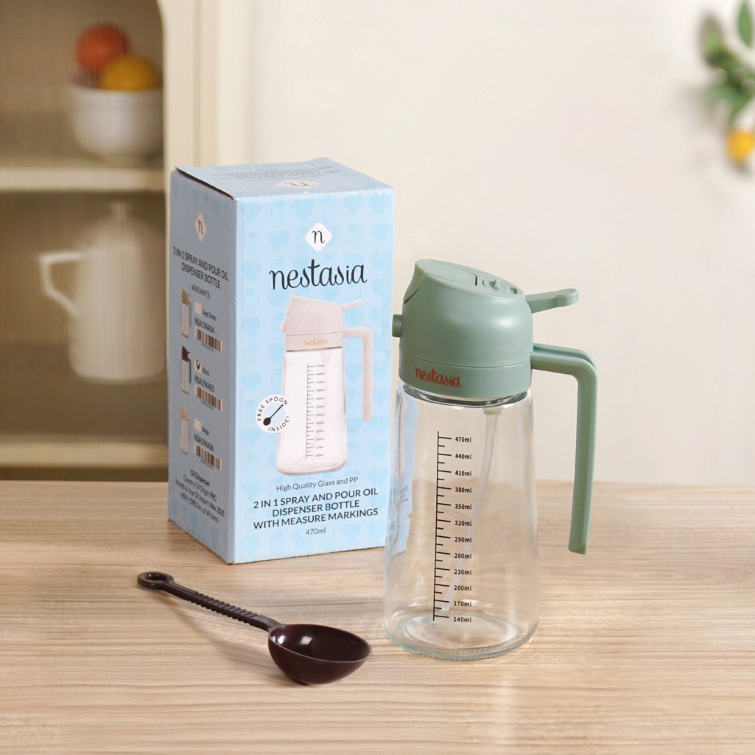 Spray And Pour Oil Dispenser Bottle Green 470ml With Spoon Nestasia